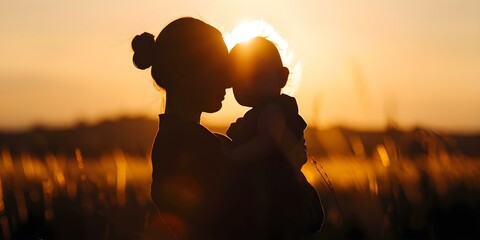 Silhouette of a woman and child symbolizing embracing ones inner child. Concept Family Memories, Inner Child Exploration, Motherhood Bond, Generational Connection, Celebrating Parenthood