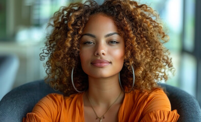 Fototapeta premium A woman with curly hair and a gold necklace is sitting in a chair. She has a smile on her face and is looking directly at the camera