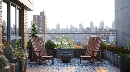Fototapeta premium A rooftop terrace with two wooden chairs, potted plants and a cityscape view. A simple yet elegant design for an urban outdoor space.