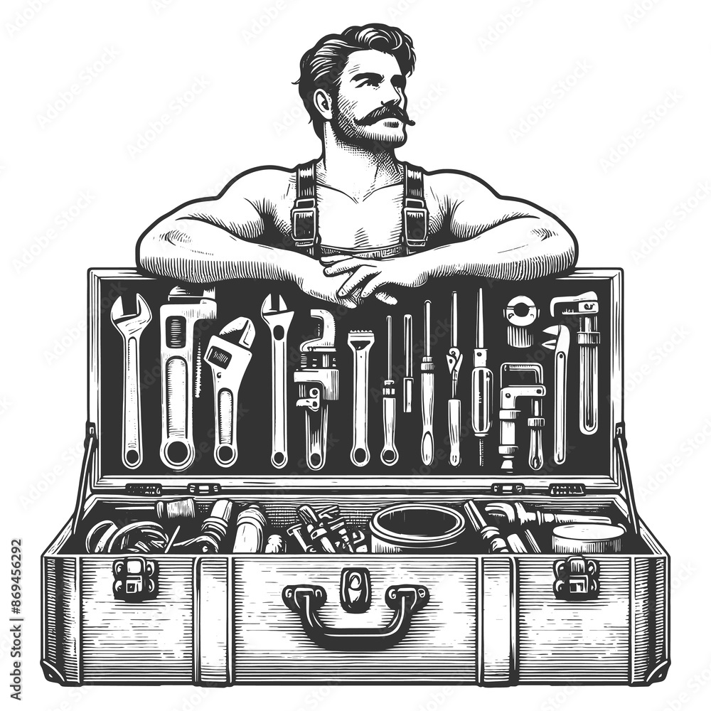 Poster car mechanic standing behind an open tool box, variety of tools in a detailed sketch engraving gener