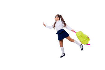 1-september concept. Profile side view of carefree girl with rucksack, tries do not miss first lesson to gain knowledge isolated on light gray background. Full length, legs, body, size portrait