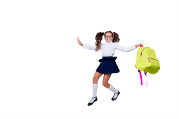 Back to school concept. Full length, legs, body, size portrait of cheerful, cute, nice, lovely, sweet girl in blue skirt, white blouse and yellow rucksack jumping isolated on light gray background