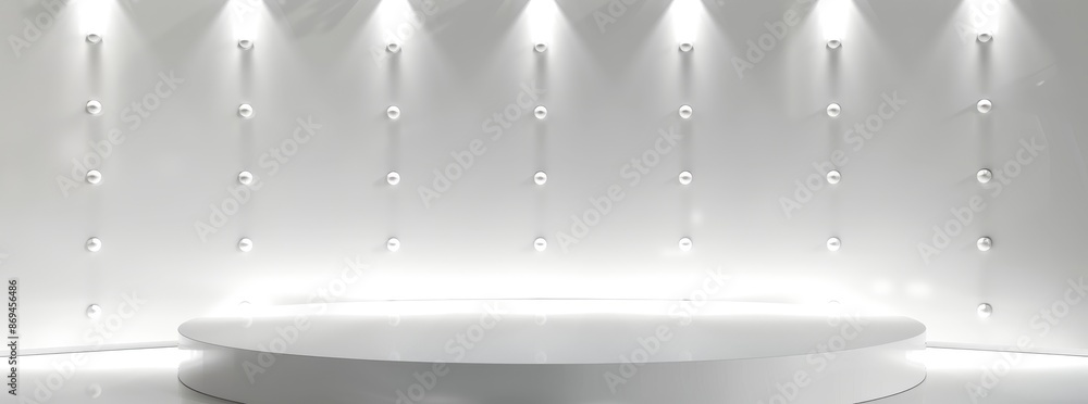 Poster a futuristic white circular podium is elegantly displayed in a welllit scene, creating a minimalist 