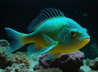 Naklejka premium Yellow and Blue Tropical Fish in Aquarium