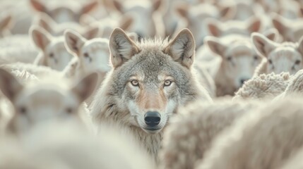 Obraz premium Wolf blending into a flock of sheep in a corporate setting, business deceit, hidden motives