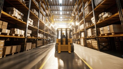 VR simulation of a warehouse operation with workers interacting with virtual forklifts and inventory, industrial training