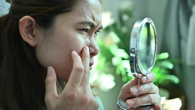 Asian woman worried about her face when she saw acne and freckles occur on her face by mini mirror.