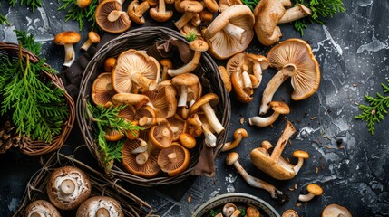 Fototapeta premium Fresh Wild Mushrooms in Rustic Baskets