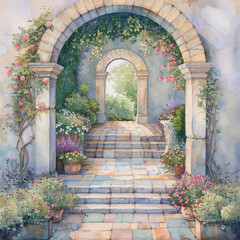 A painting of a garden with a stone archway leading to a courtyard. The archway is surrounded by flowers and plants, and there are several potted plants and vases throughout the scene