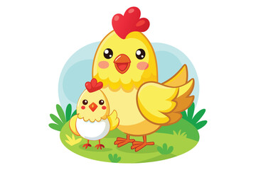 cute mom chicken and chick cartoon vector icon.eps