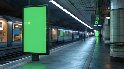 Unique and attractive vertical blank green screen billboard mock-up at a  train station, vibrant shopping district