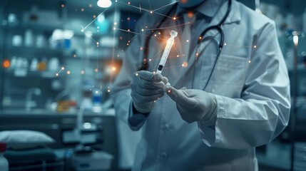 Closeup half body of an endocrinologist administering insulin with Glow HUD big icon of diabetes management