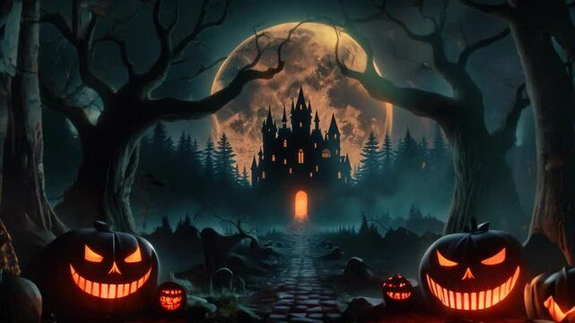 Animation of halloween pumpkin in the forest background.