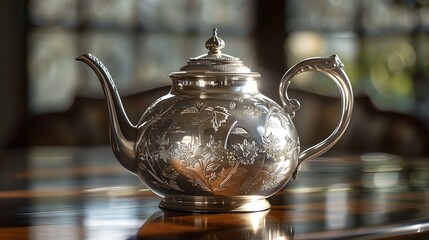A silver teapot with intricate floral engravings, resting on a polished mahogany table. making it perfect for themes related to heritage, luxury, and the art of dining.