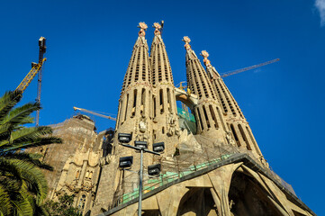Towers of the Passion façade of the Sagrada Familia basilica on an afternoon in 2010 (Barcelona,...