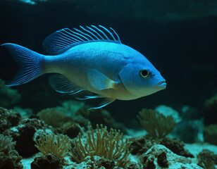 Fototapeta premium Blue Fish Swimming Among Anemones in Ocean