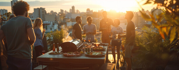 Diverse group enjoying a rooftop BBQ with cityscape, symbolizing urban community and relaxation. Ideal for food and drink ads, urban lifestyle promotions, and summer event marketing.
