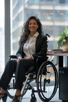 A positive and elegant businesswoman in a wheelchair, dressed in a suit, smiling in her workplace.