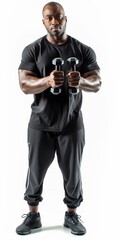 A confident, muscular athlete in sportswear trains vigorously, emphasizing strength and fitness with dumbbells.