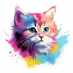 Fototapeta premium Bright watercolor cute cat face, colorfull cat portrait isolated on white background. Kitten paint splash icons. Colorfull drawing illustration