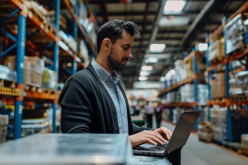 A professional man manages warehouse logistics, using a laptop to oversee delivery and inventory operations.