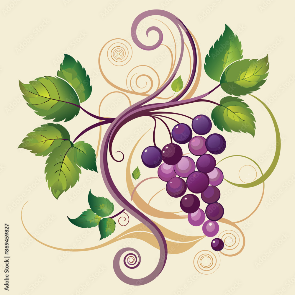 Poster illustration of grapes with leaves. illustration of grapes. a single grape branch with swirling line