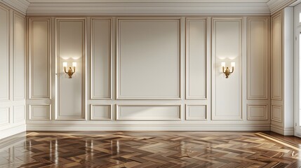 A wall with beautiful trim and sconce lighting, featuring classic parquet flooring. The background is a plain cream color for easy customization.