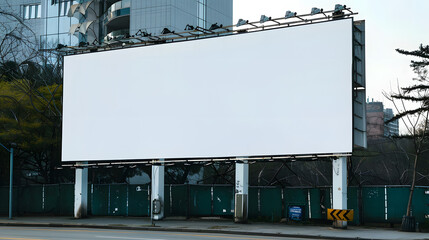 A large empty billboard positioned on an urban street, ready for advertising. The blank canvas offers ample space for marketing messages, framed by city backdrop with modern buildings and few tree