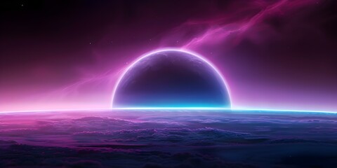 Neon abstract space background with futuristic scifi landscape and cold planet. Concept Neon Space, Abstract Art, Futuristic Landscape, Sci-Fi Design, Cold Planet