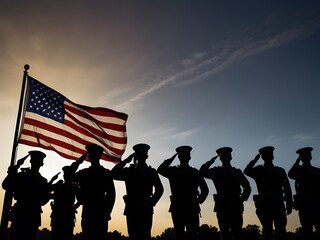 A silhouette of soldiers saluting the American flag on Veterans Day