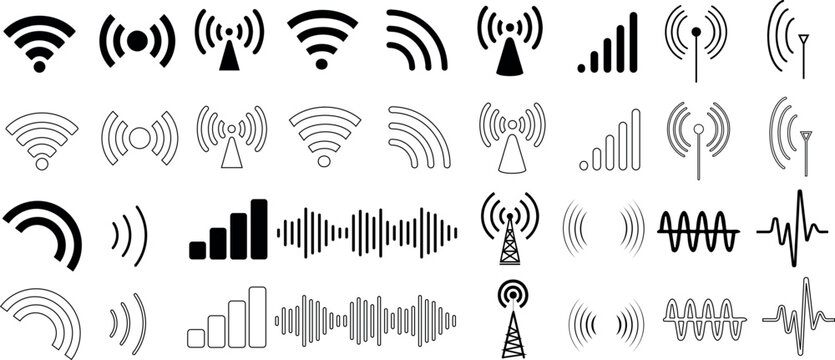 Wireless signal icons set includes wifi, antenna, radio, sound waves, perfect for tech design, communication network, audio visual vector illustration