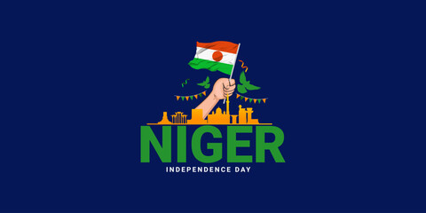 Creative Vector illustration of Niger Independence Day by Niger flag bids monuments and typography logo lettering background,  Independence Day in the Republic of Niger is commemorated on 3 August.