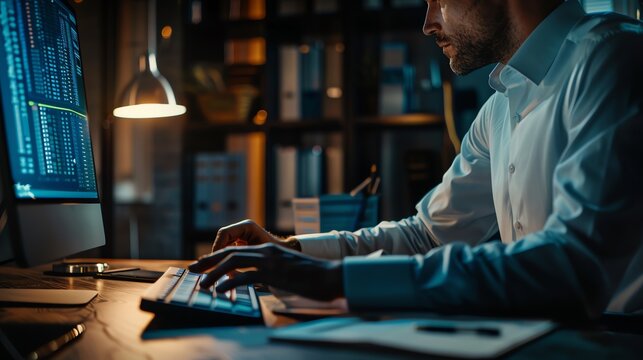 Close-up of a financial advisor using a computer for tax calculations