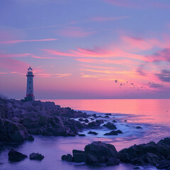Fototapeta premium Tranquil Lighthouse Overlooking Serene Pink & Purple Dusk Seascape