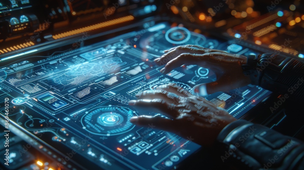 Aufkleber hands interacting with a futuristic holographic computer interface, digital data, and advanced techn