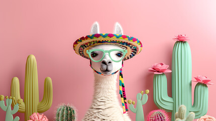 cute face llama on pastel background