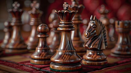 An antique, hand-carved wooden chess set displayed on a rich, velvet cloth. ideal for illustrating themes of strategy, intellect, and timeless beauty.