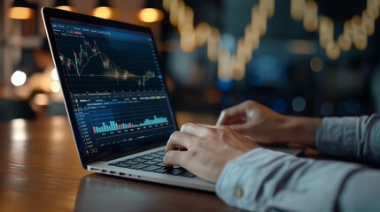 Close-up of a financial advisor using a laptop for planning, wealth management, detailed screen, photorealistic textures, modern office, realistic lighting, intense concentration