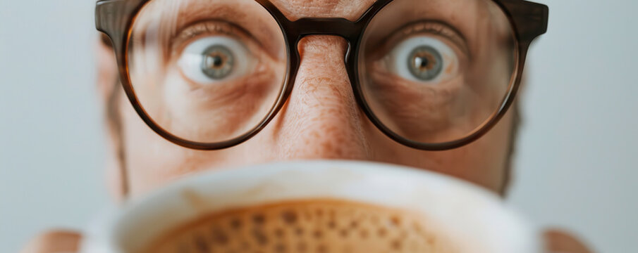 A man with wide eyes looks at a cup of coffee.