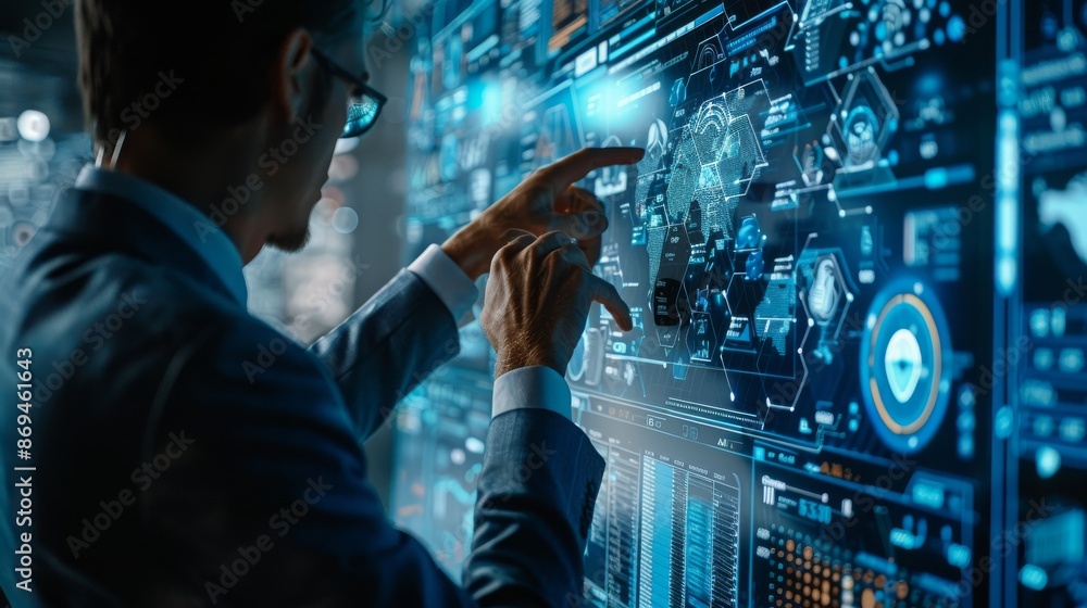 Aufkleber businessman using interactive touch screen to analyze big data, global networks, and data science tr
