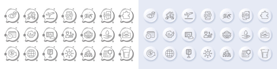 Phone messages, World time and Seafood line icons. White pin 3d buttons, chat bubbles icons. Pack of Augmented reality, Cooking beaker, Calendar time icon. Vector