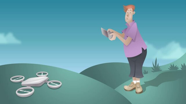 Man launches drone.2D animation.Looped video.Takeoff and landing of quadcopter.Cartoon style. Flat vector design.