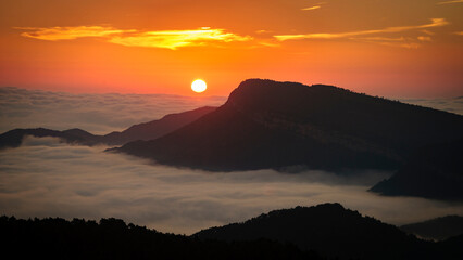 Pedró de Tubau, at sunrise, seen from the Roc de la Lluna viewpoint (Berguedà, Catalonia, Spain, Pyrenees)