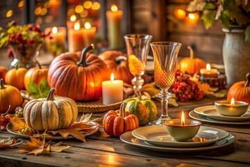 Fototapeta premium Festive autumn table setting with pumpkins, candles, and elegant glassware.
