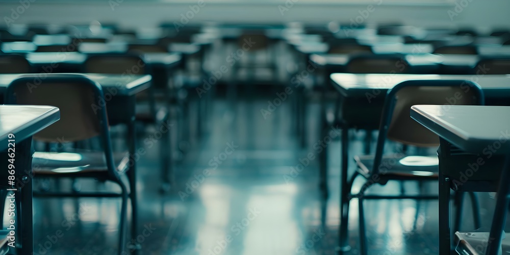 Aufkleber blurry image of empty elementary classroom with desks and chairs. concept how can i assist you with 