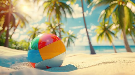 Obraz premium Colorful beach ball bouncing on sand, palm trees in background