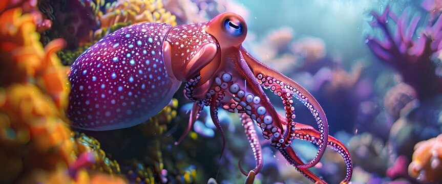 Squid is swimming near the coral reef