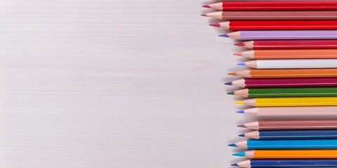 Obraz premium Desk from above with colored pencils on the sides. Concept Top-Down View, Desk Organization, Stationery Essentials, Creative Workspace