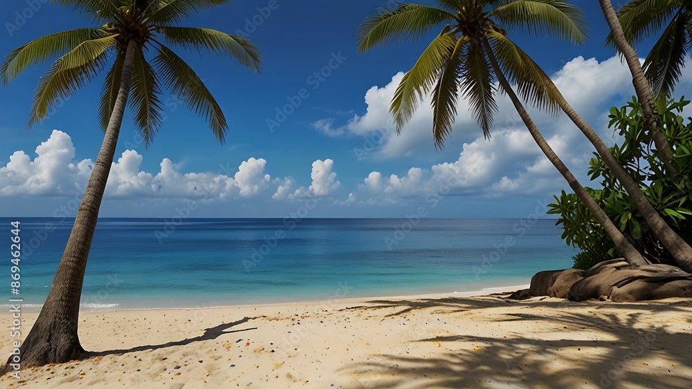 Wall mural Tropical beach with white sand and palm trees on a sunny day. Concept of relaxation, vacation, getaway, and travel.