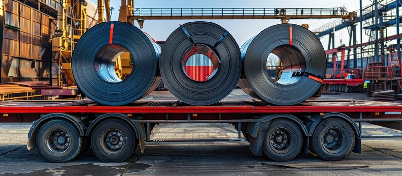 Large steel coils loaded on a flatbed trailer in an industrial manufacturing plant, showcasing heavy machinery and industrial equipment.